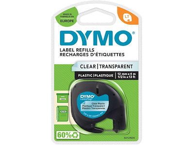 Labeltape, 12mm x 4m, Sort på Transparent, 1 rulle, Dymo LetraTag Plast