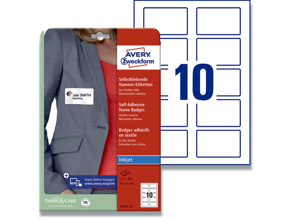 Navneskilt, Klæbes på tøj, 80x50 mm, 200 stk, Avery Selvklæbende til tekstil