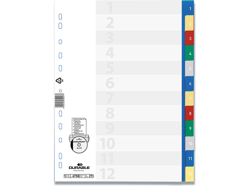 Registerblade, A4, 1-12, Flerfarvet, Durable 