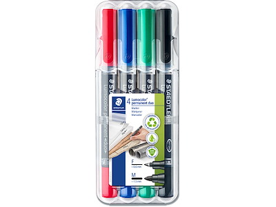 Marker, Rund spids, F og M, Sort Rød Blå Grøn, Staedtler Lumocolor 348 Duo