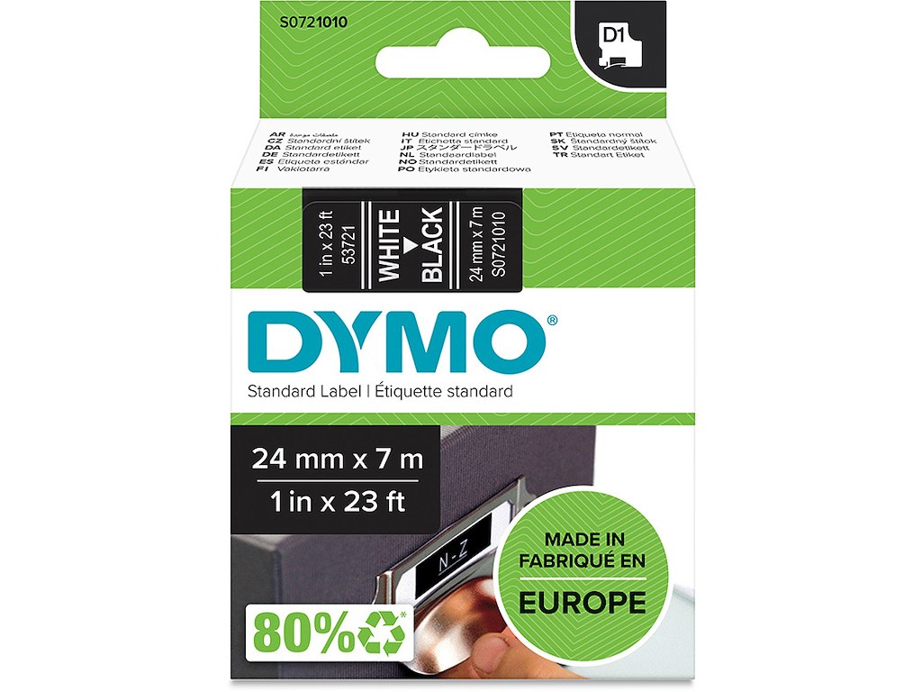 Labeltape, 24mm x 7m, Hvid på Sort, 1 rulle, Dymo D1 53721