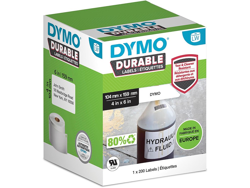 Labeletiketter, Holdbare og modstandsdygtige, 104x159 mm, 1 rulle af 200 etiketter, Dymo LabelWriter Durable