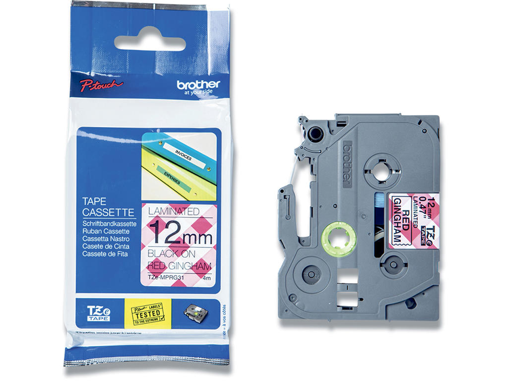Labeltape, 12mm x 4m, Sort på Rød/hvid tern, 1 rulle, Brother P-Touch TZe-MPRG31