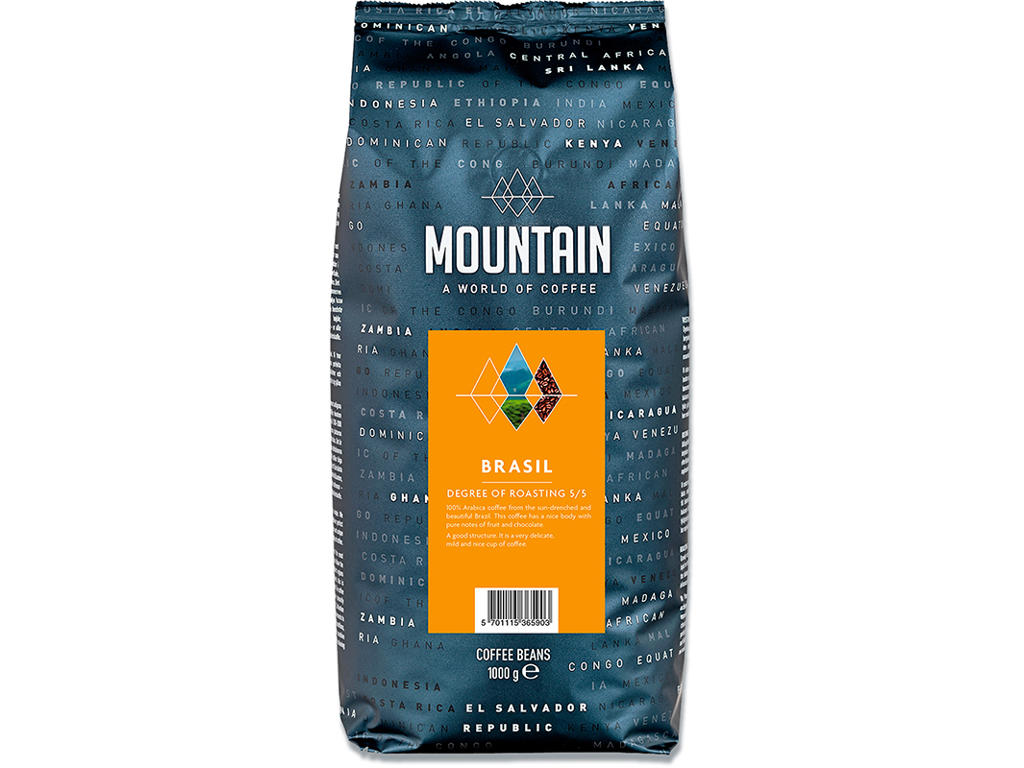 Kaffe, Hele bønner, Mellemristet, 1000 g, 1 pose, BKI Mountain Brasil 