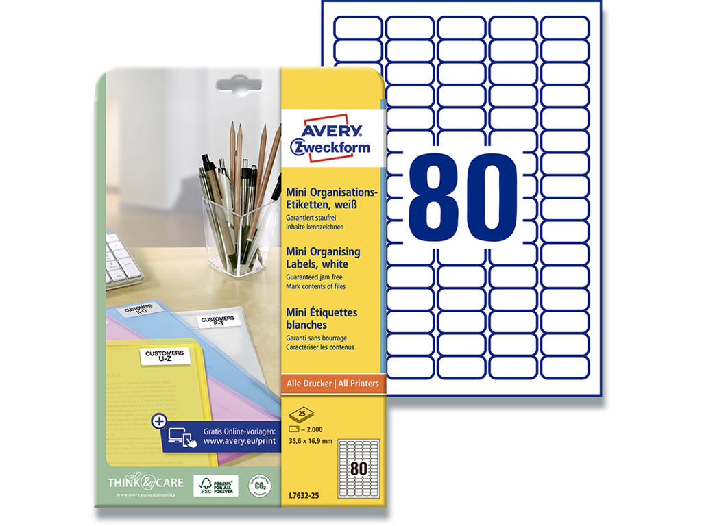 Etiketter, 35.6x16.9 mm, Hvid, 2000 etiketter i alt, Avery 