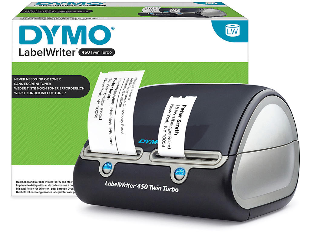 Labelprinter, Skrivebord, 2 ruller Labeletiketter, Dymo LabelWriter 450 Twin Turbo