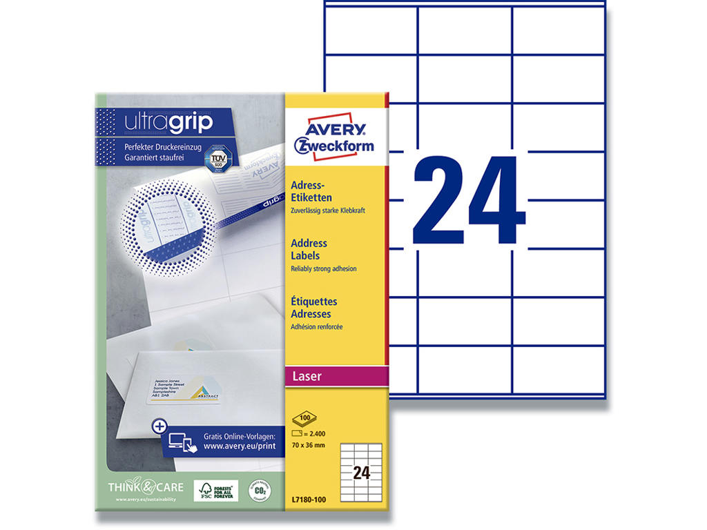 Etiketter, 70x36 mm, Hvid, 2400 etiketter i alt, Avery Ultragrip 