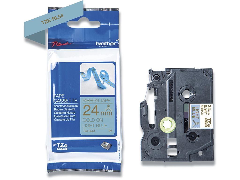 Labeltape, 24mm x 4m, Guld på Lyseblå satin stofbånd, 1 rulle, Brother P-Touch TZe-RL54