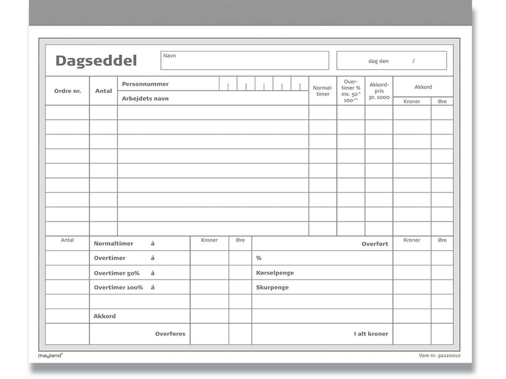 Dagseddel, 200x148 mm, 2x50 blade, Nummererede blade, Mayland 