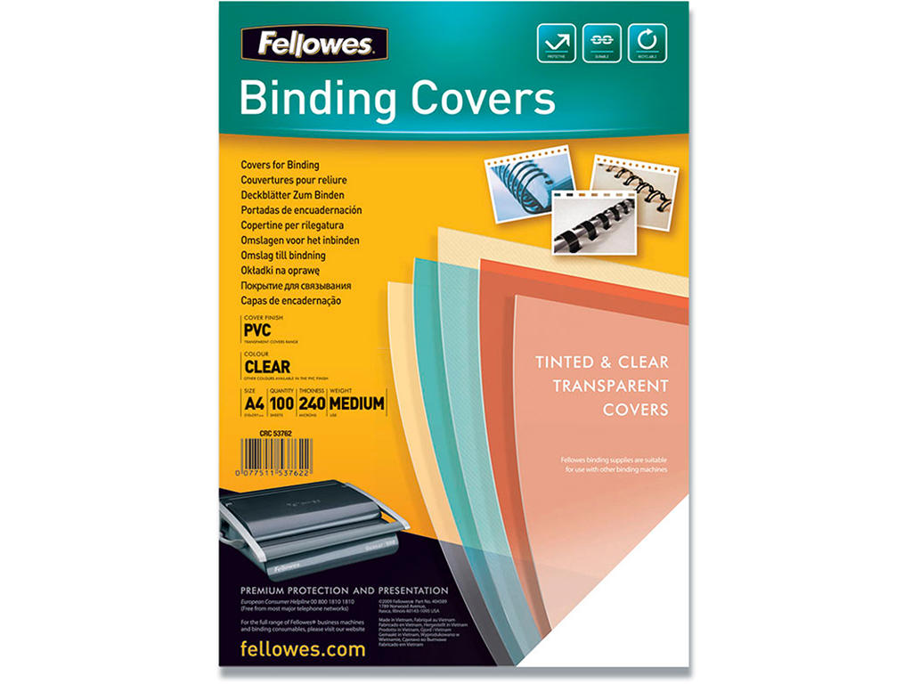Indbindings for- og bagsider, PVC-Plast, A4, Transparent, Fellowes 