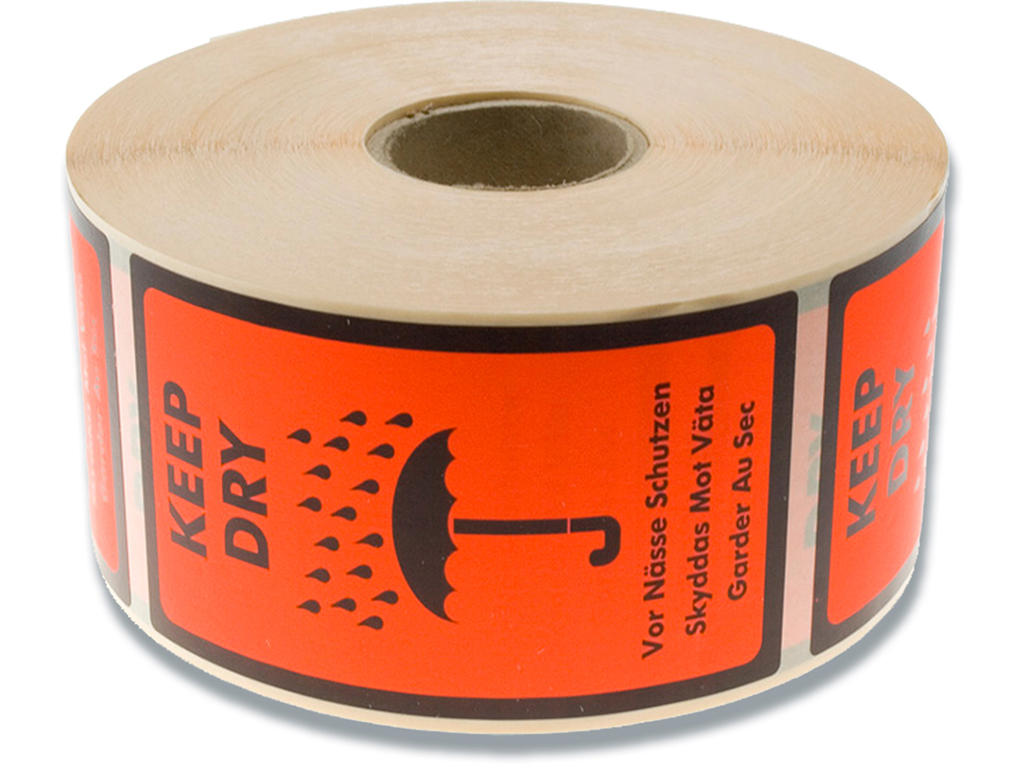 Etiketter, 120x70 mm, Floucerende orange og sort, 1000 etiketter i alt, BNT ''Keep Dry'' 