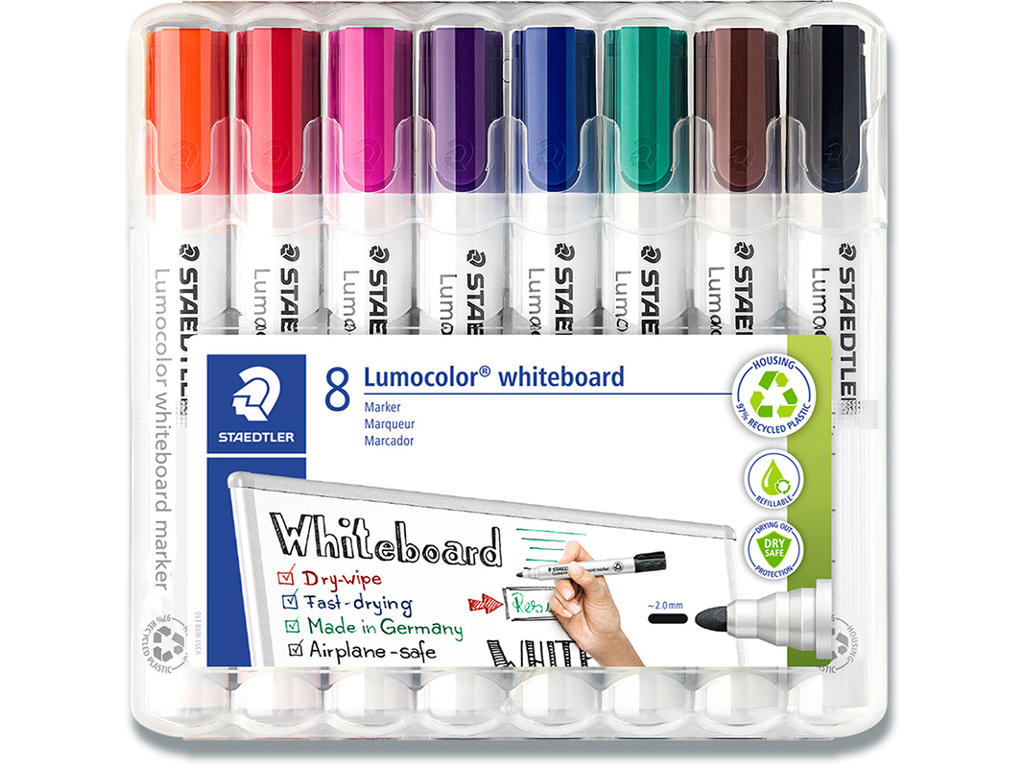 Whiteboard marker, Rund spids, 8 farver, 2 mm, Staedtler Lumocolor 351