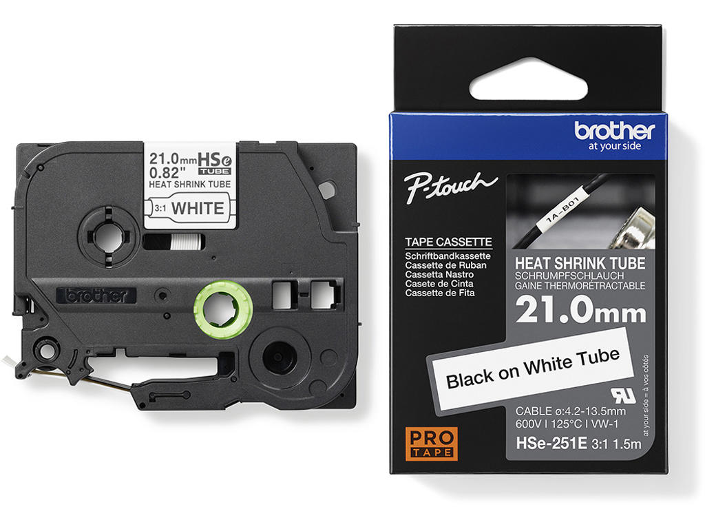 Labeltape, Krympeflex, 21.0mmx1.5m, Sort på Hvid, Brother P-Touch HSe251E