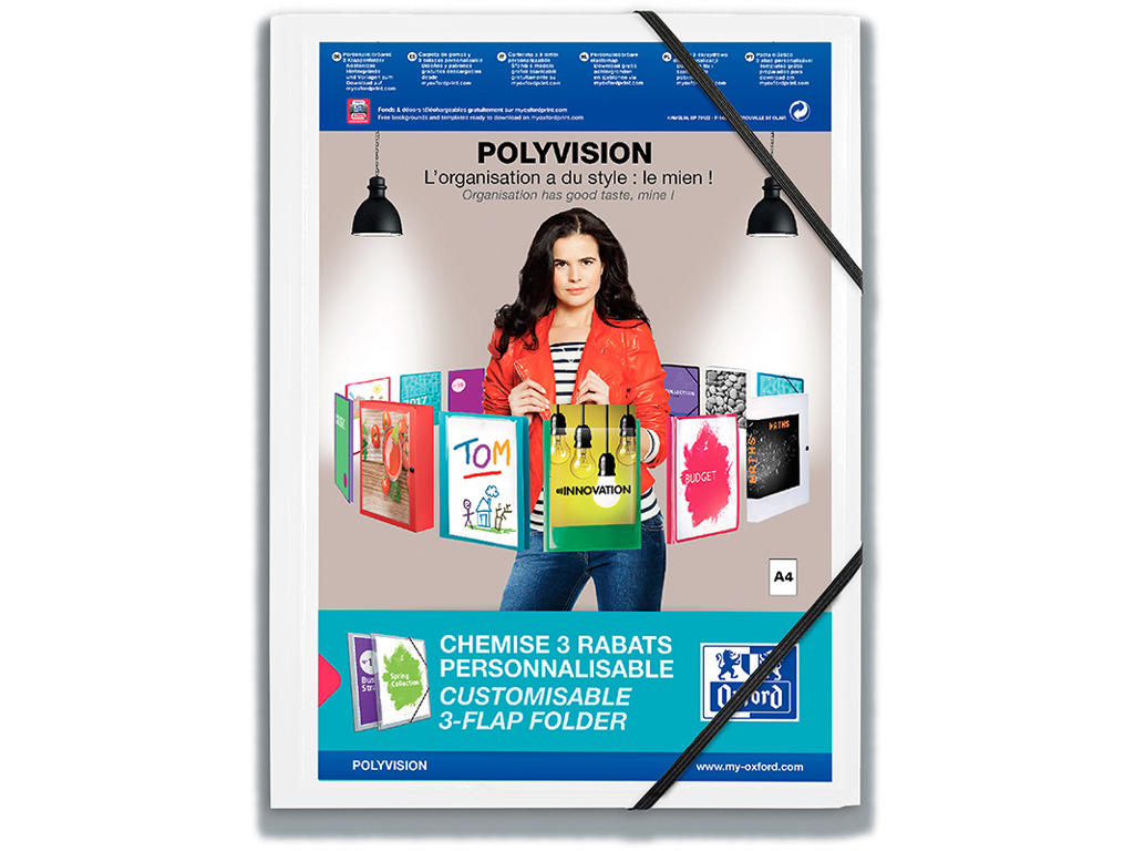 Samlemappe, 3 klapper, 2 elastikker, Hvid, Oxford Polyvision 