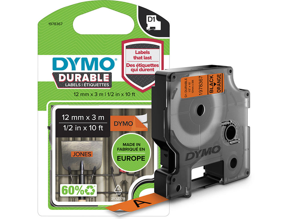 Labeltape, 12mm x 3m, Sort på Orange, 1 rulle, Dymo D1 Ekstra stærk