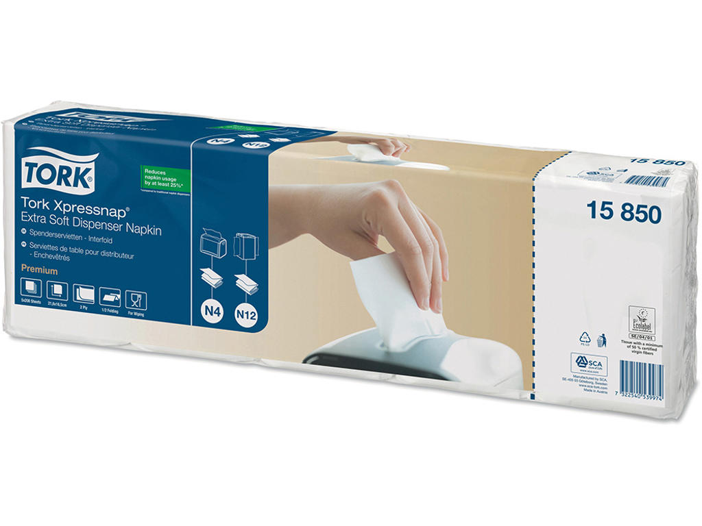 Dispenserservietter, 2 lag, Hvid, 21.3x16.5 cm, 8000 stk, Tork Xpressnap N4