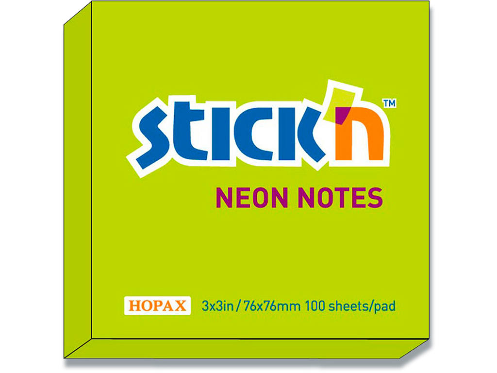 Memonotes, 76x76 mm, Neon grøn, 1 blok, Stick'n 