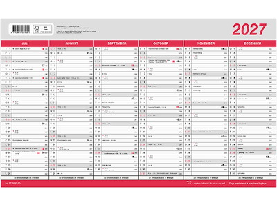 Vægkalender, 2027, Kontor, Flagdage, 6 måneder pr. side, Mayland