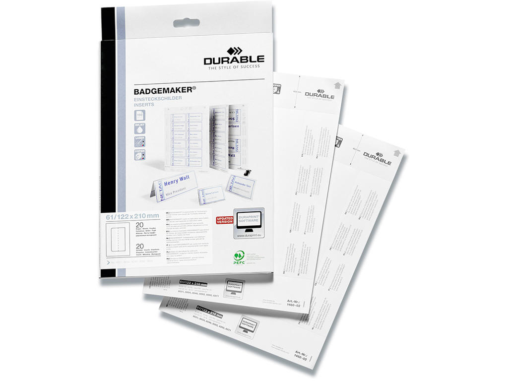 Bordkort, Indstiksark, 210x61 mm, A4 ark, Durable BADGEMAKER 