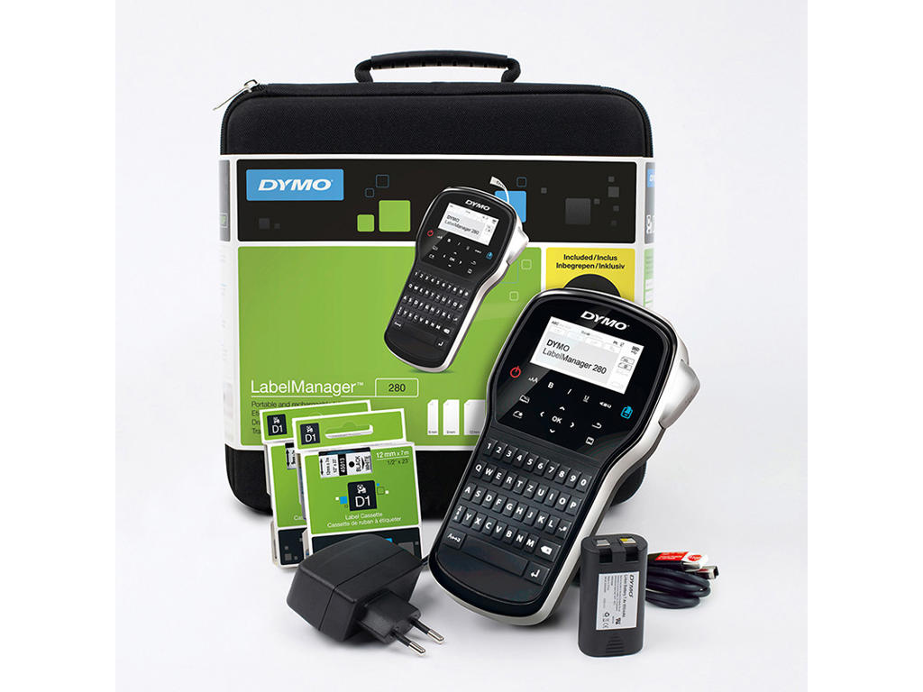 Labelprinter, Håndholdt, Til PC og Mac, D1 tape 6-12 mm, Dymo LabelManager 280 Kuffertsæt