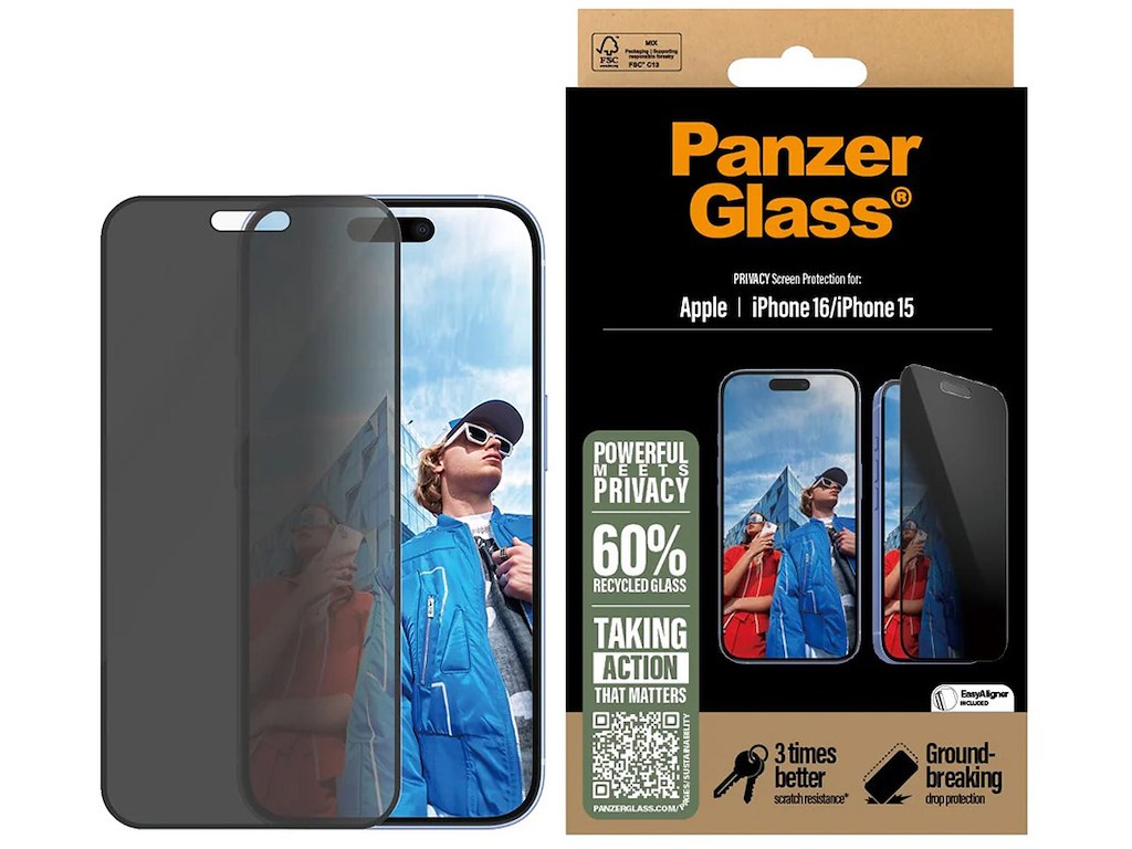 Skærmbeskyttelse, iPhone 15/iPhone 16, Sort, PanzerGlass UWF Privacy