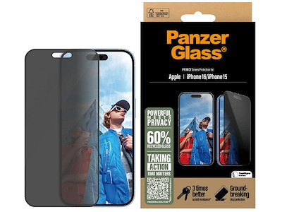 Skærmbeskyttelse, iPhone 15/iPhone 16, Sort, PanzerGlass UWF Privacy
