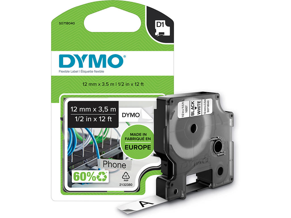 Labeltape, 12mm x 3.5m, Sort på Hvid, 1 rulle, Dymo D1 16957