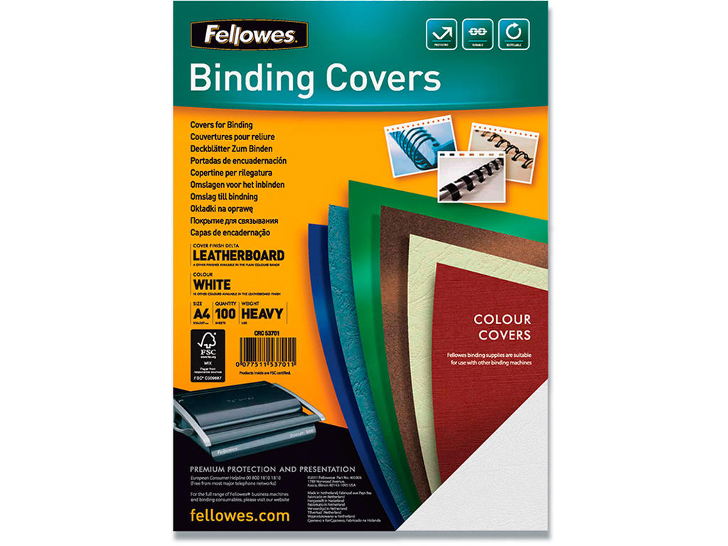 Indbindings for- og bagsider, Karton, A4, Hvid, Fellowes Leathergrain  