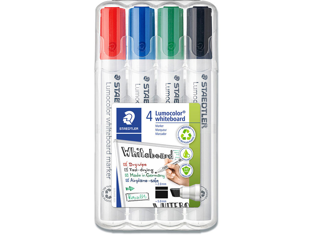 Whiteboard marker, Skrå spids, 4 farver, 2-5 mm, Staedtler Lumocolor 351