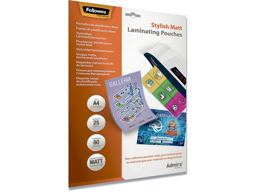 Lamineringslommer, A4, 80 micron, 25 stk, Fellowes StylishMatt 