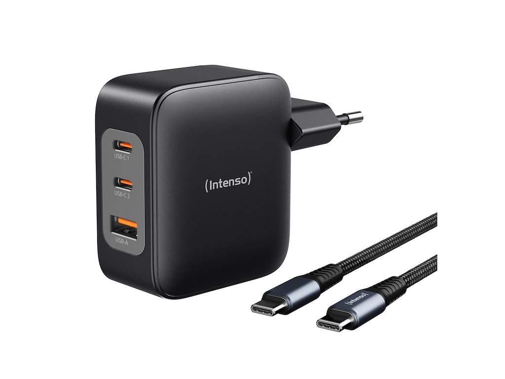 Intenso W100ACC+C520C, Power Adapter + Charging Cable Set, 100W, Fast Charging, GaN, Charge 3 Devices Simultaneously, Black