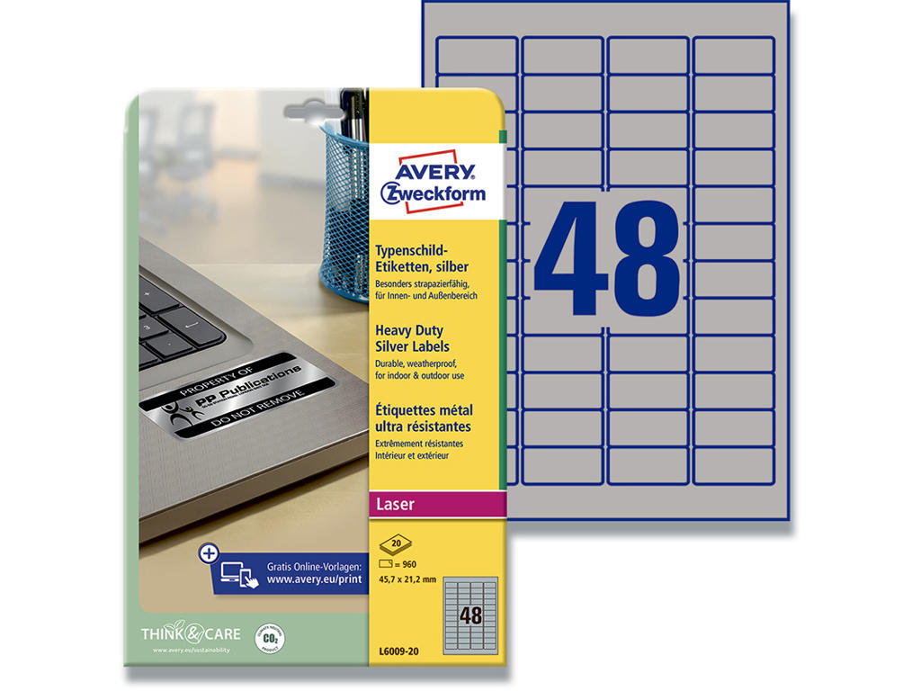Etiketter, 45.7x21.2 mm, Sølv, 960 etiketter i alt, Avery 