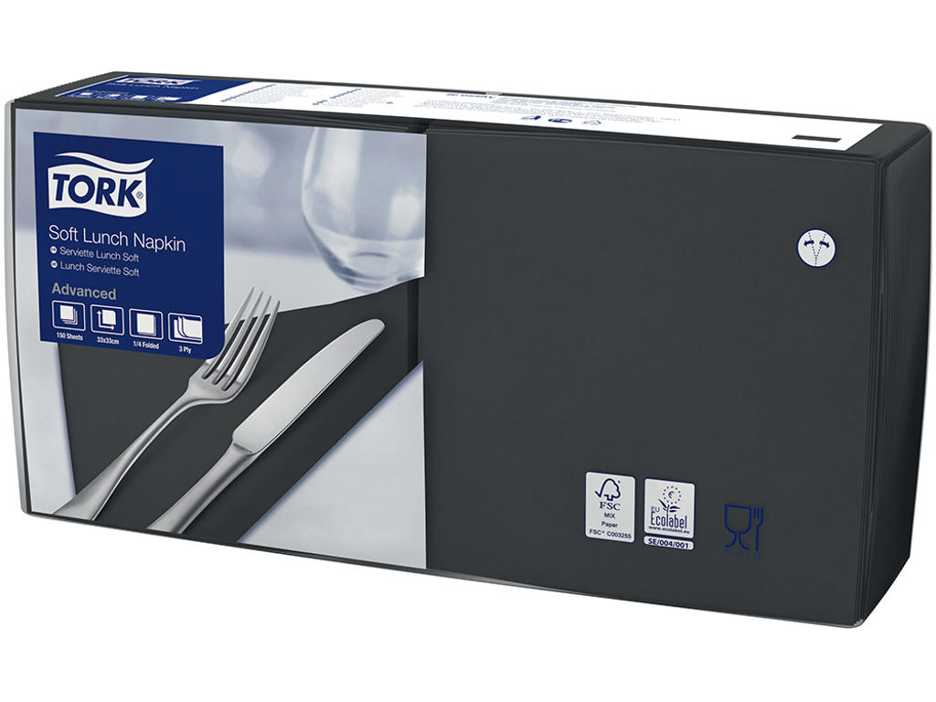 Servietter, 3 lag, Sort, 33x33 cm, 1500 stk, Tork Advanced
