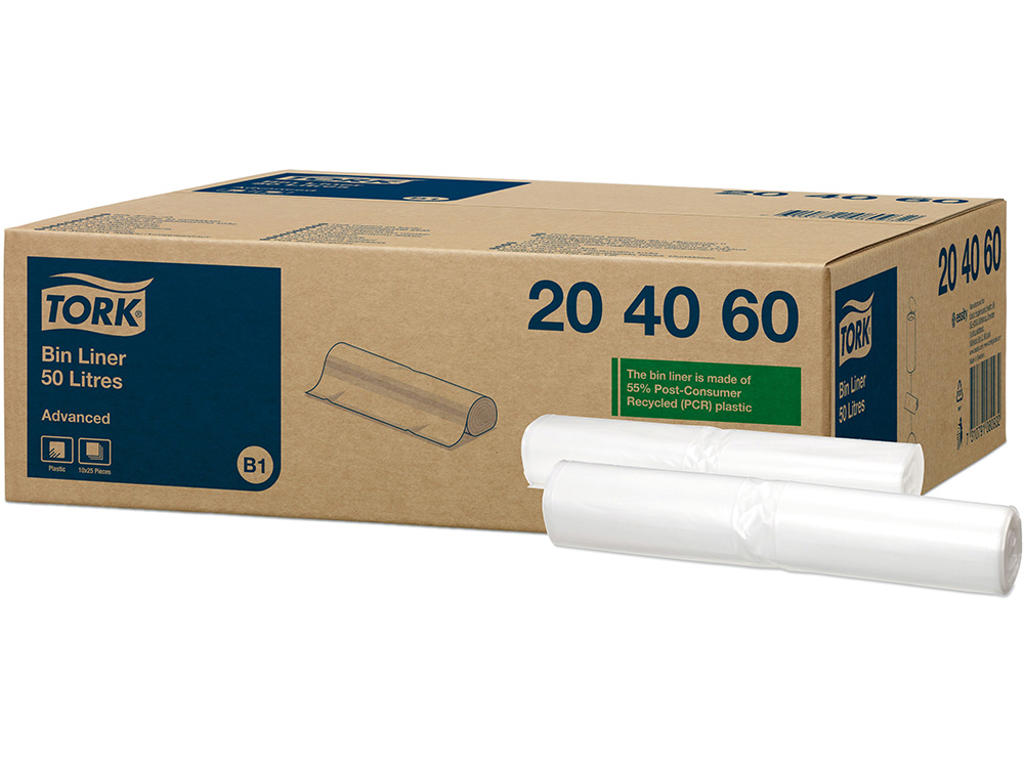 Affaldspose, 50 liter, Transparent, 1 rulle, 25 poser pr rulle, Tork B1