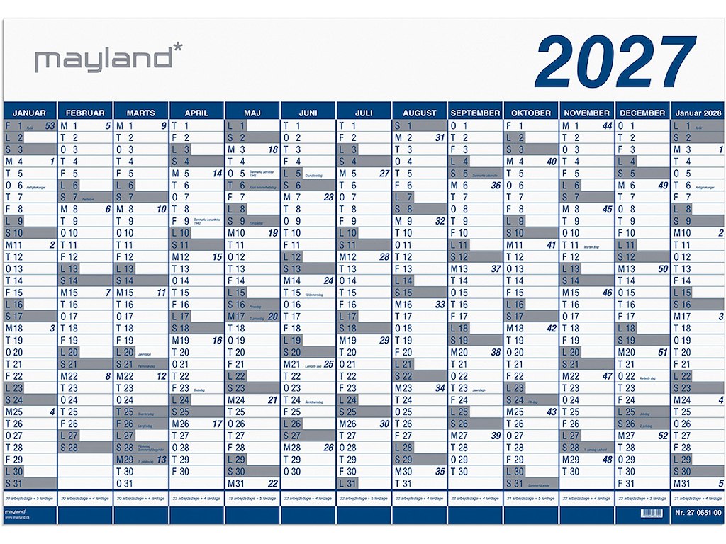 Vægkalender, 2027, Kæmpe, 13 måneder, 100x70 cm, Mayland