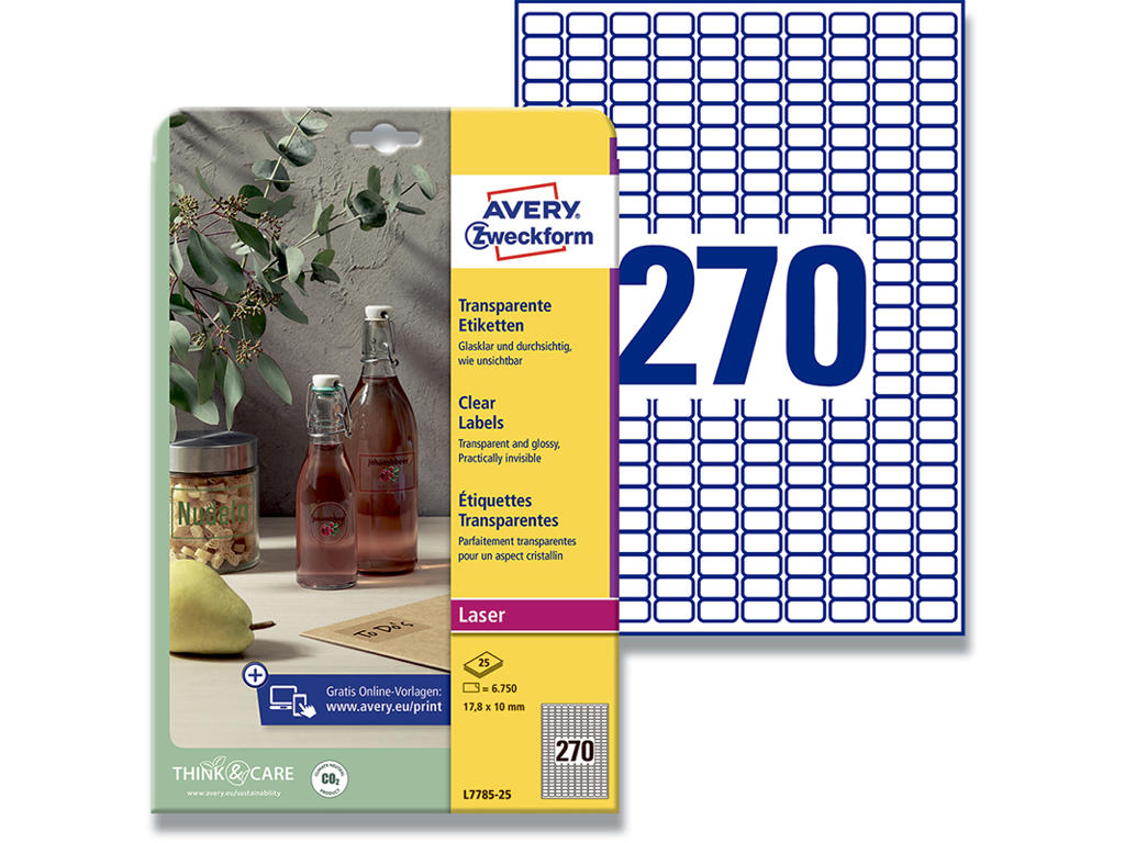 Etiketter, 17.8x10 mm, Transparent, 6.750 etiketter i alt, Avery 