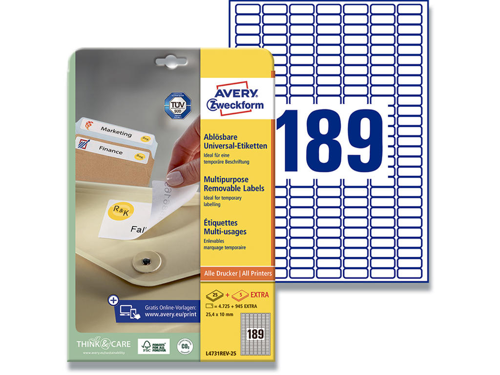 Etiketter, 25.4x10 mm, Hvid, 5.670 etiketter i alt, Avery 