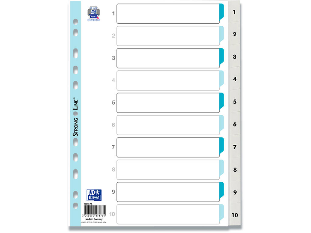 Registerblade, A4, 1-10, Hvid, Oxford Strong-Line 