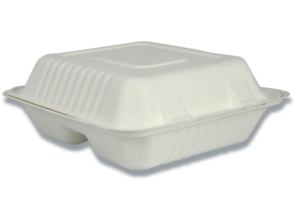 Take away boks, 22,3x20x7,8cm, hvid, sukkerrør, 3-rums, 200stk, Abena Gastro