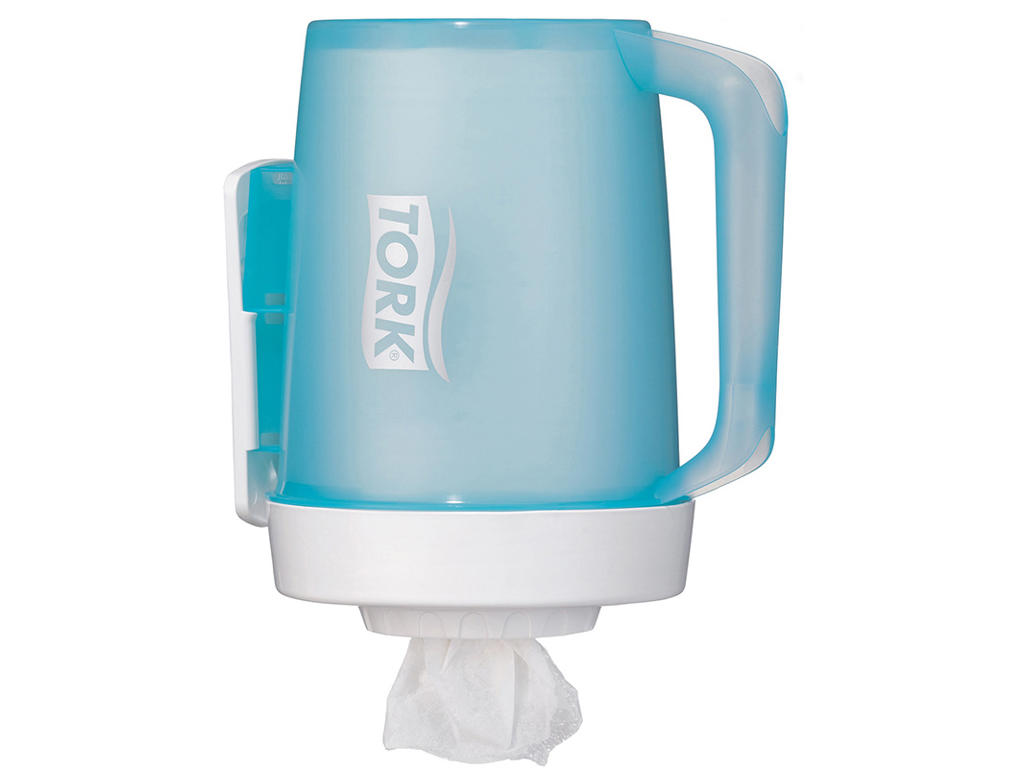 Aftørringsdispenser, Til aftørringsruller, Centerfeed, Turkis-hvid, Tork Mini Transportabel M1