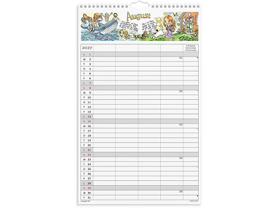 Familiekalender, 2027, Otto Dickmeiss & Lilja Scherfig, 4 personer+mærkedage, 1 måned pr. opslag, Mayland