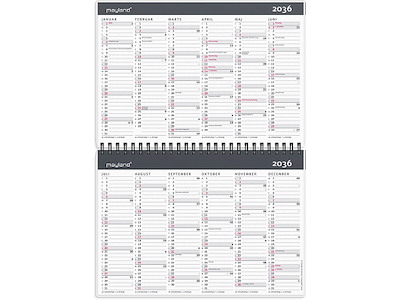 Kalender, 2027-2036, 10 års, 1 år pr. opslag, Grå og rødt 10-tal, Mayland