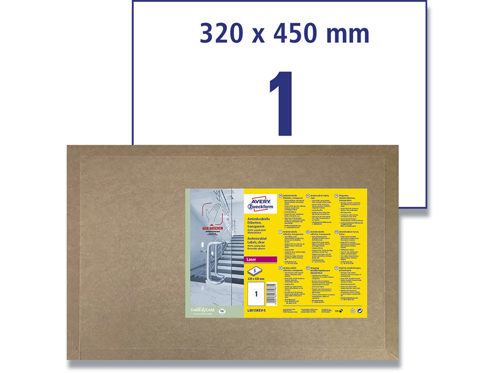 Etiketter, 320x450 mm SRA3, Transparent, 5 etiketter i alt, Avery Antimikrobielle