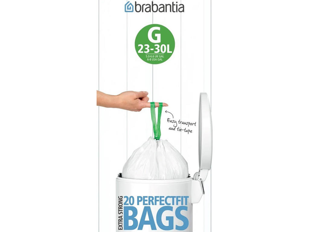 Affaldspose, Med snøreluk, 23-30 liter, Hvid, 12 ruller, 20 poser pr rulle, Brabantia