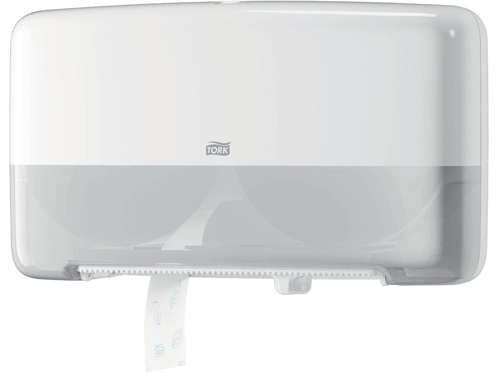 Toiletpapirdispenser, Til mini jumboruller, Udvendig oprulning, Hvid, Tork Mini Jumbo Twin T2