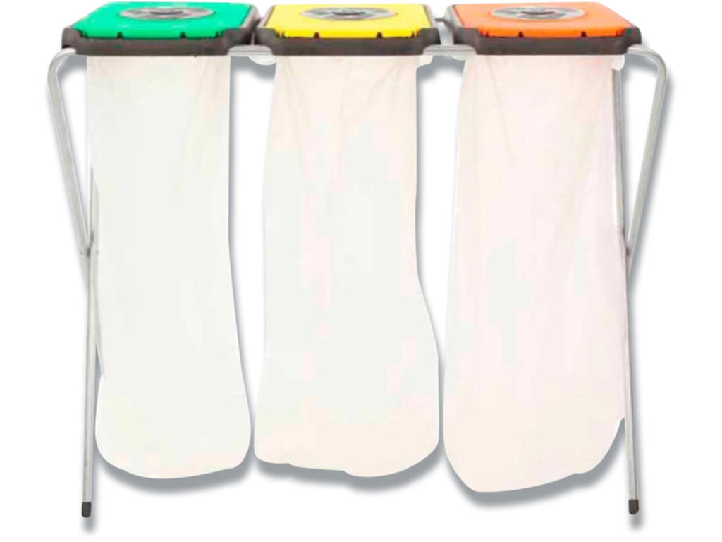 Affaldsstativ, Galvaniseret stål, 3-rums, 3x120L, Med grøn, gul, og orange låg, EKOthinks 3