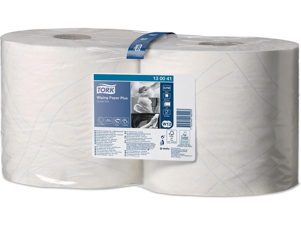 Aftørringsrulle, Udvendig oprulning og centertræk, 2 lag, 2 ruller, Tork Plus W1/W2