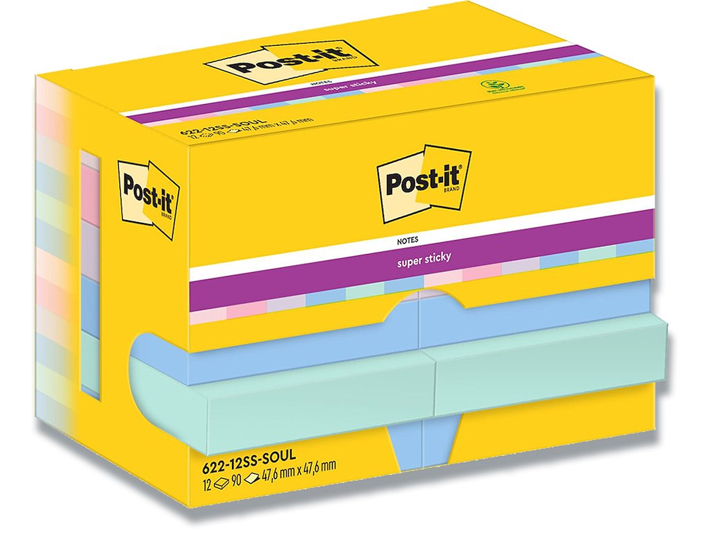Memonotes, 47.6x47.6 mm, Assorteret Soulful, 12 blokke, Post-it Super Sticky