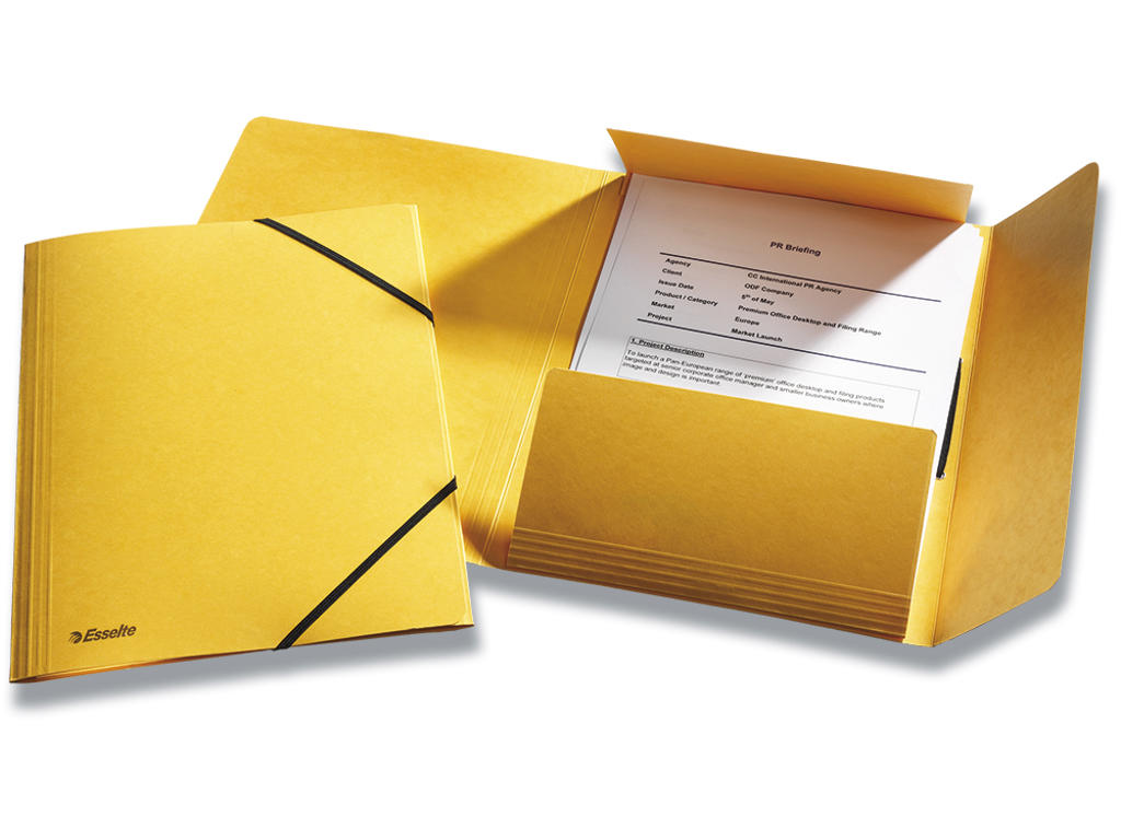 Samlemappe, 3 klapper, 2 elastikker, Gul, Esselte 