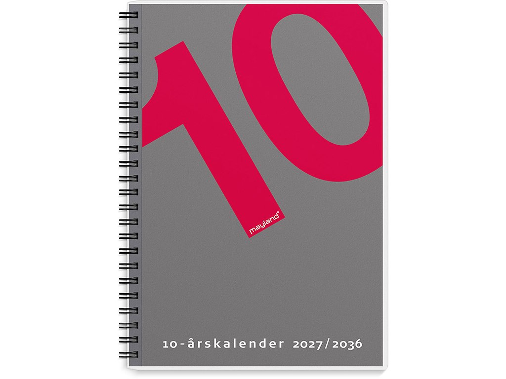 Kalender, 2027-2036, 10 års, 1 år pr. opslag, Grå og rødt 10-tal, Mayland